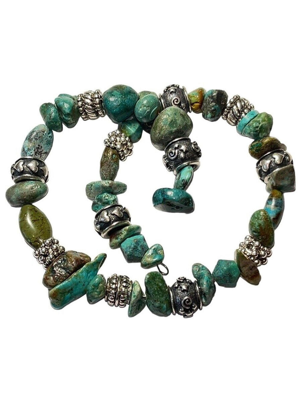 Simulated Turquoise & Silver Tone Stone Coil Flex Bracelet Variscite